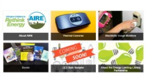 Six images in two rows of three, including the Rethink Energy logo, electronic devices, printed materials, light bulb graphics, and the words "Coming Soon!"