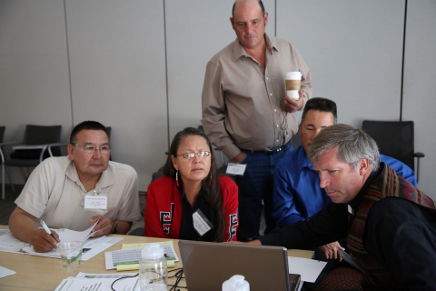 Five people working on a computer.