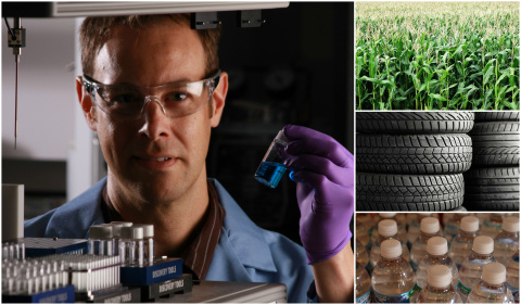 Collage of images, from left to right: scientist holding vial, bioenergy crop, tires, water bottles. 