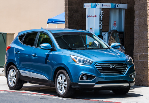 Hyundai Tucson fuel cell vehicle at a hydrogen fueling station.