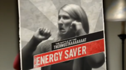 Photo of a woman with her hands up, and the text "Energy Saver" over it.