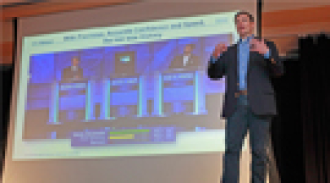 Dr. Eric Brown gives a talk on the computing system Watson and its application in healthcare during the Science Day Program at the 2016 National Science Bowl competition