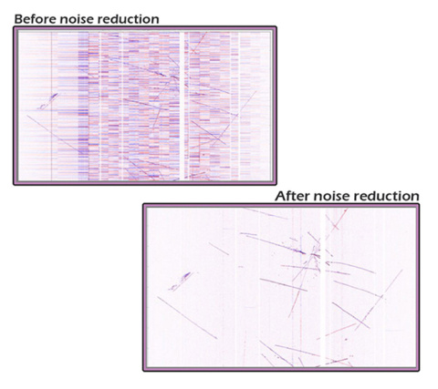 This 2-D event display shows the raw signal (a) before and (b) after offline noise filtering. Clean event signatures were recovered once all excess noise was removed.