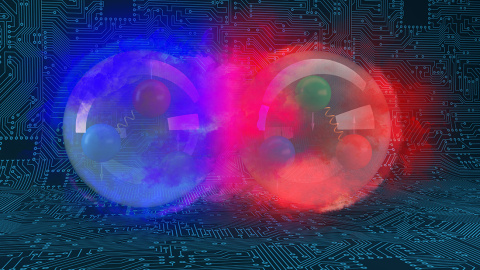 Artist’s depiction of the deuteron, the nuclear bound state of a proton and a neutron, on a backdrop of a computer circuit.
