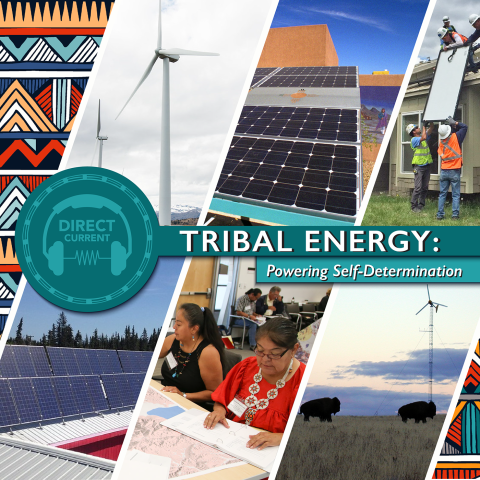 Cover art for Direct Current episode "Tribal Energy: Powering Self-Determination", featuring images of tribal energy projects and native communities.