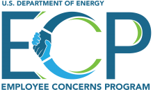 Department of Energy Employee Concerns Program Logo in Blue and Green Colored Font with C shaped like 2 shaking hands