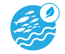 White line drawing of fish and sea waves against a blue background.