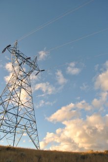 A transmission tower in Ft. Peck MT taken from the base of the tower. 