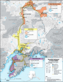 Map of the Railbelt power grid, with the least-cost scenario’s total renewable capacity installations for each region.