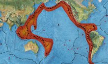 This 24,900-mile path along the Ring of Fire is characterized by active volcanoes and frequent earthquakes. 