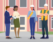 A group of people standing outside a building