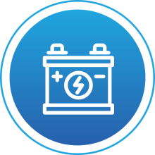 A line drawing of a battery, in white, against a blue background.