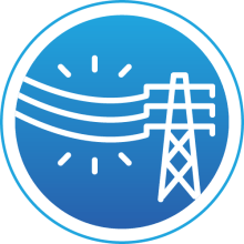 A line drawing of power lines leading to a transmission tower, in white, against a blue background.