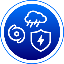 Three symbols indicating three key tasks for extreme weather prep: Transmission system, distribution lines, and battery systems.