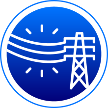 An illustration of a transmission tower and power lines. Replacing aging transmission lines reduces the risk of power outages from wildfires and other natural disasters.