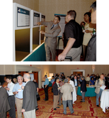 Two photos, one stacked on top of the other, showing different views of a display area of a convention hall.