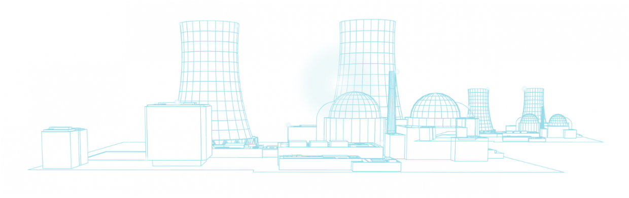 Simple line drawing of a nuclear power plant.