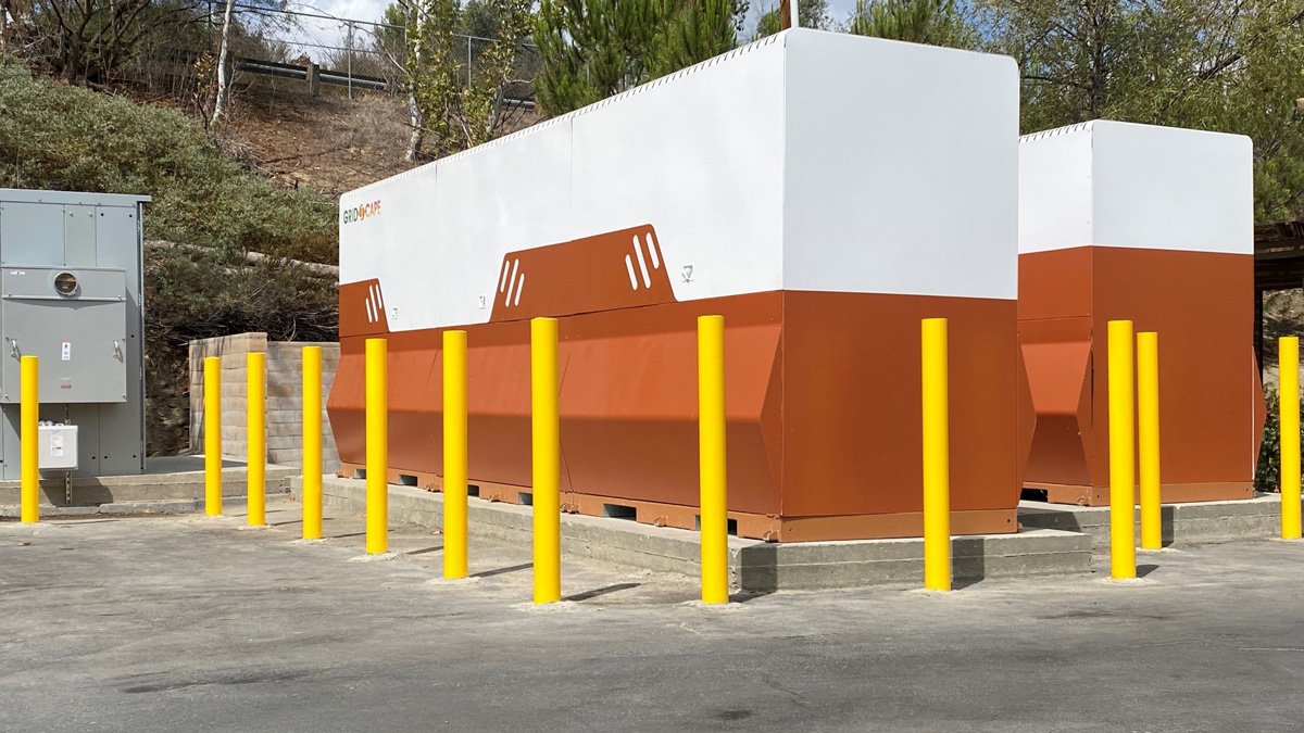 A 480-kilowatt hour (4 hour) battery energy storage system behind 12 yellow bollards.