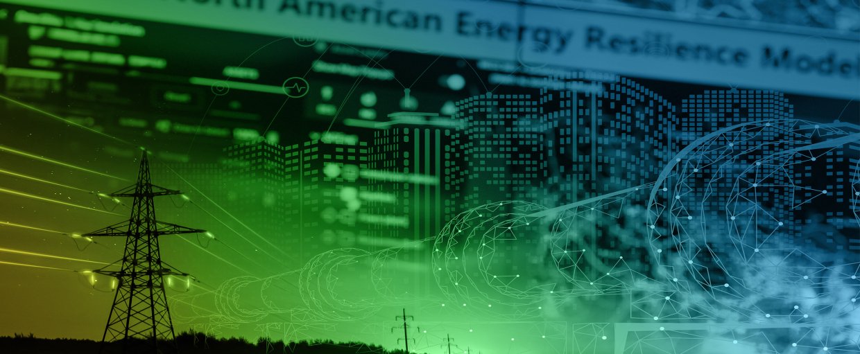 Stylized transmission lines in a field against a city scape at night with a white outline of a conductor coming toward the viewer.