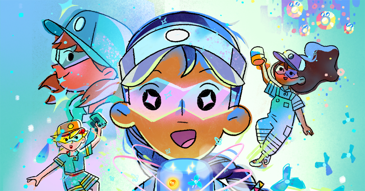 Collage of Spark Squad comic book characters with Jasmine at the center looking at a glowing cylinder