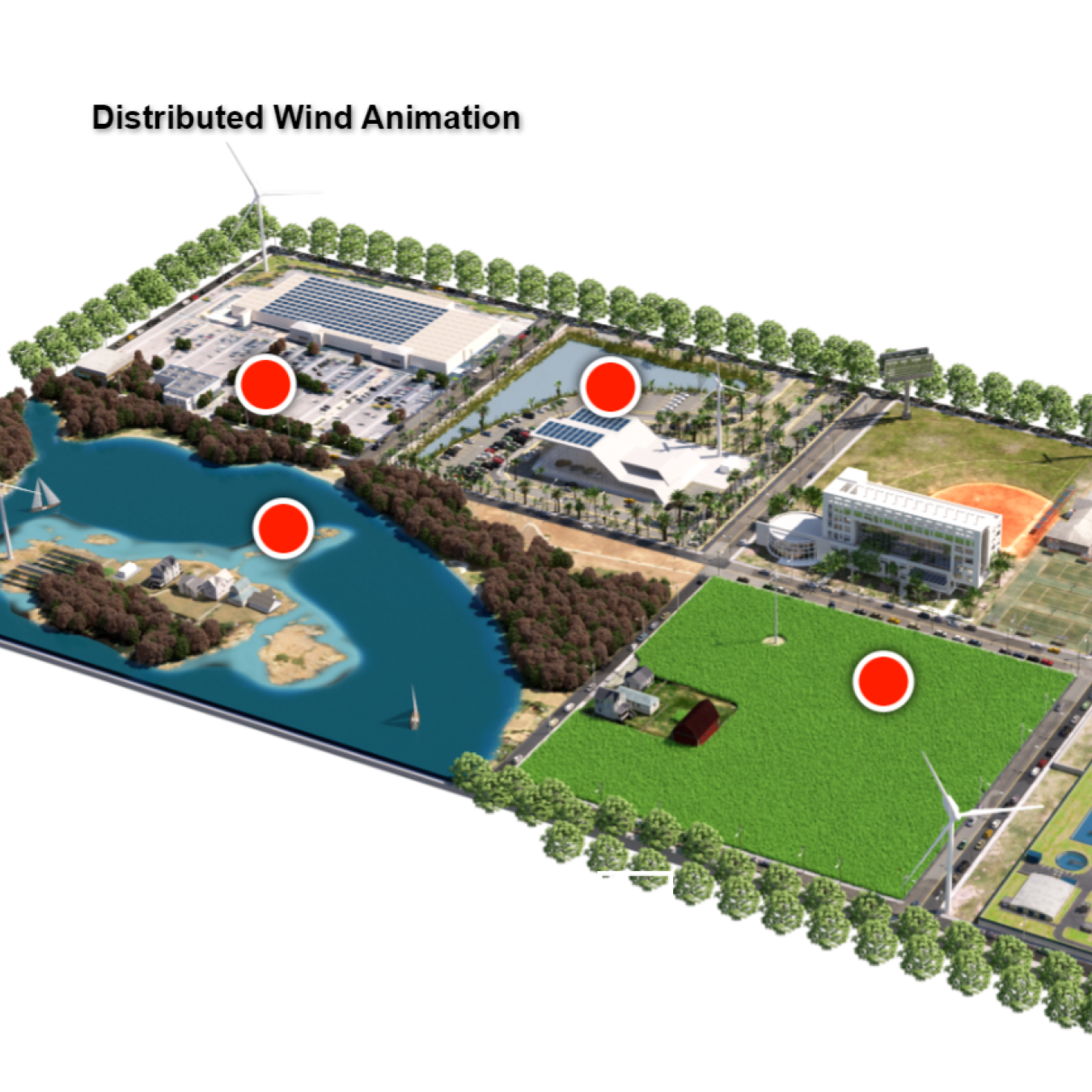 Three-dimensional graphic titled "Distributed Wind Animation" showing sectioned land wand water with buildings, crops, and wind turbines and overlain by sporadically placed red dots.