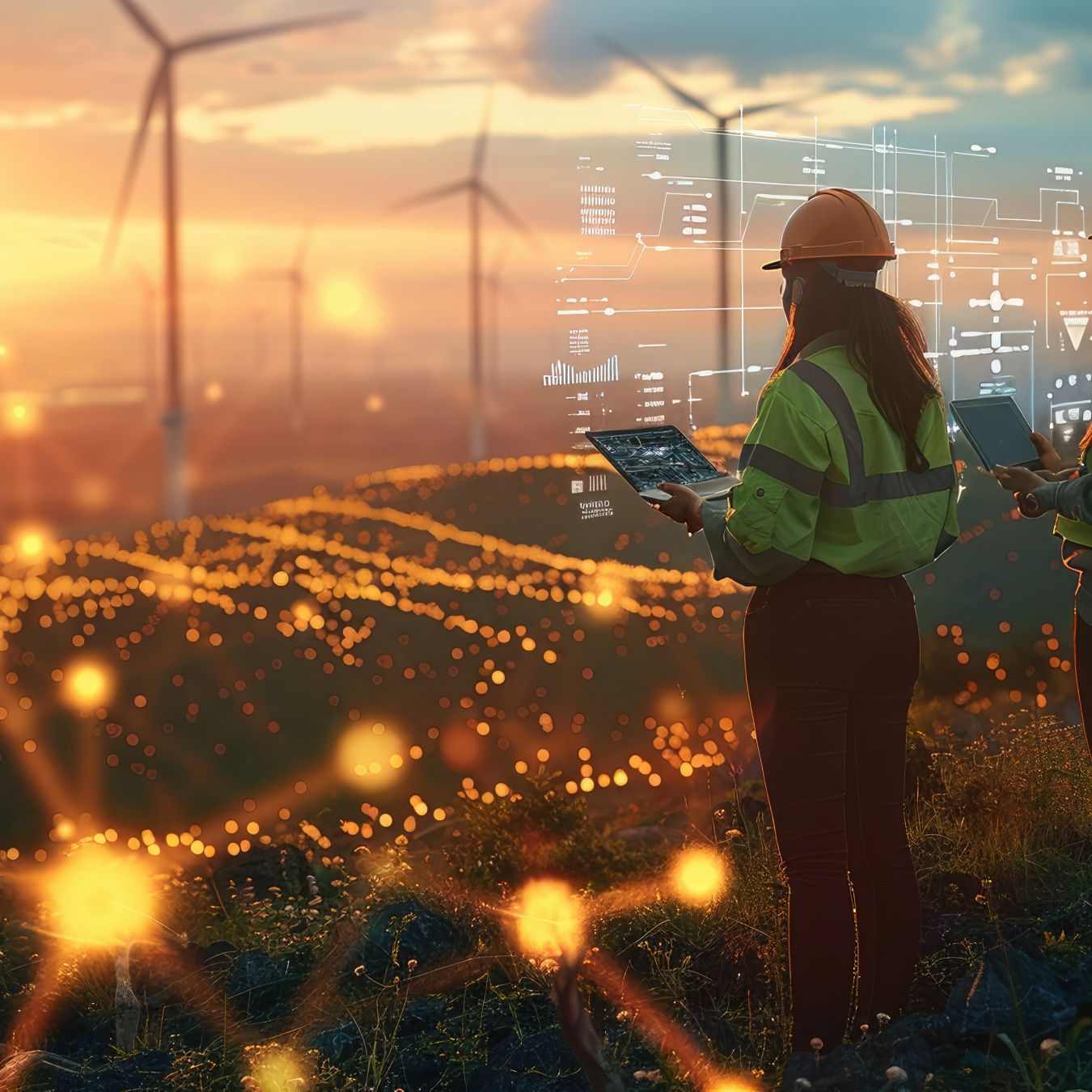 Workers with laptops look out with a glass reflection of charts and graphs in the foreground that includes a futuristic view of wind turbines and twinkling night lights.