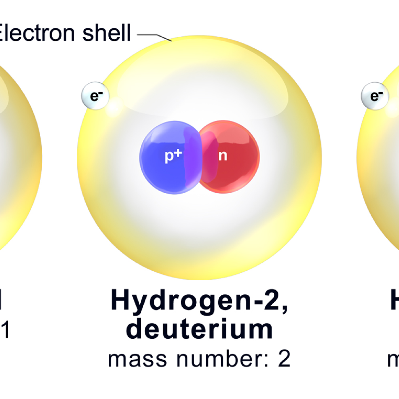 Hydrogen and its two naturally occurring isotopes, deuterium and tritium. All three have the same number of protons (labeled p+) but different numbers of neutrons (labeled n).