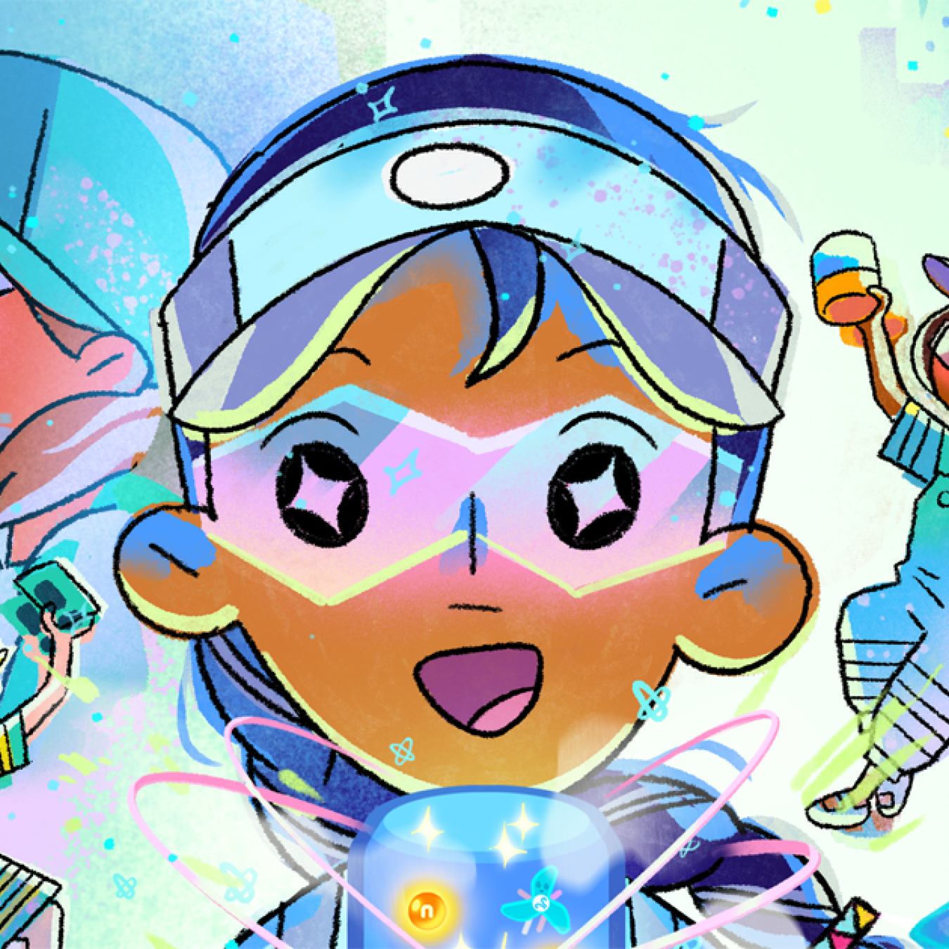 Collage of Spark Squad comic book characters with Jasmine at the center looking at a glowing cylinder