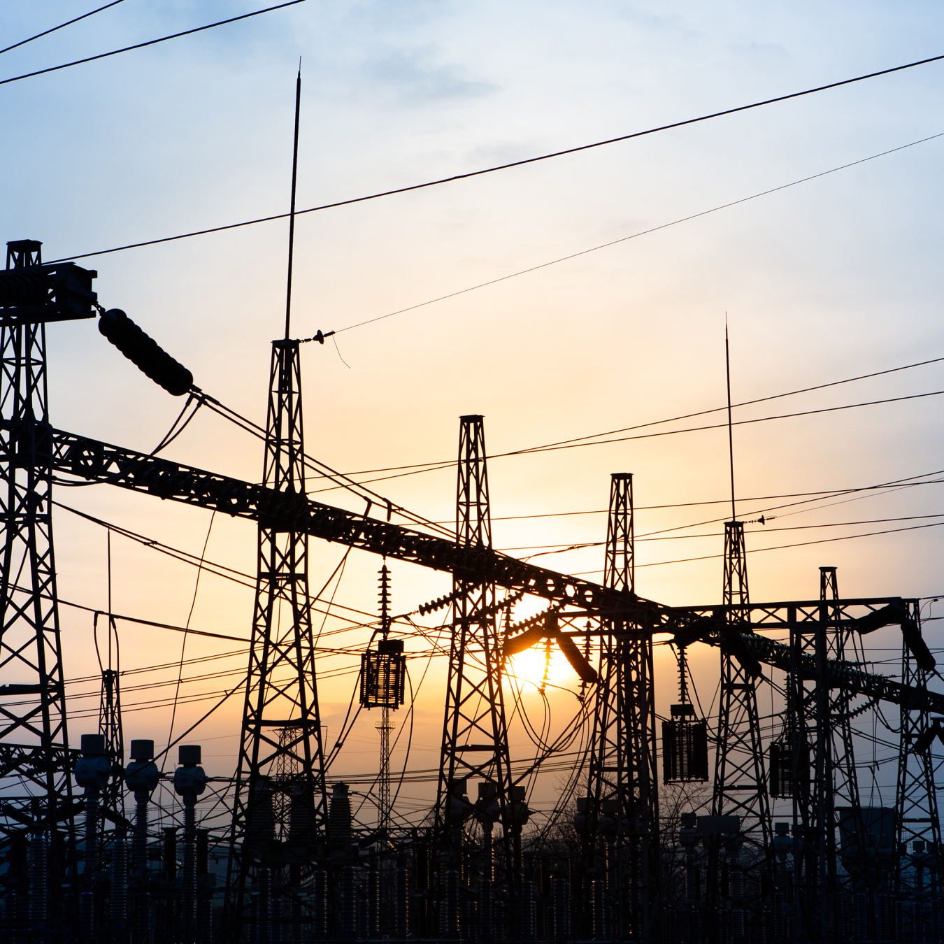 Silhouette of a network transformer at dusk