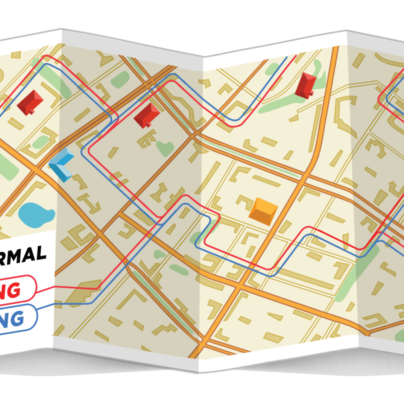 Geothermal Heating & Cooling with a city map and hot and cool piping overlaid on it