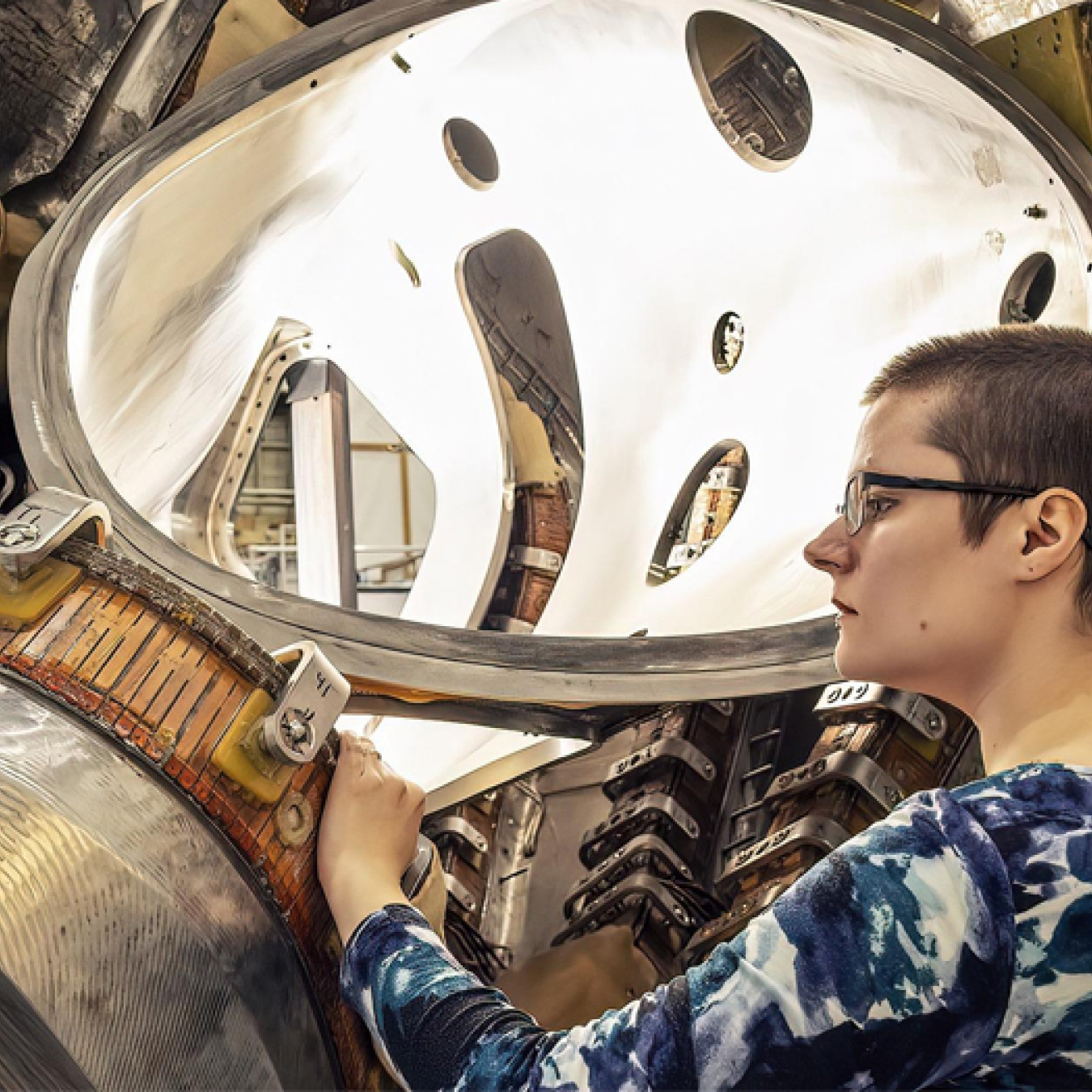 Alexandra LeViness (a white woman with a blue and white patterned long-sleeved shirt on), with her hand on a metal device much larger than her. A metal piece made of thick silver-colored metal with a ribbed copper-colored belt-like section snakes up and away from her, above her head.