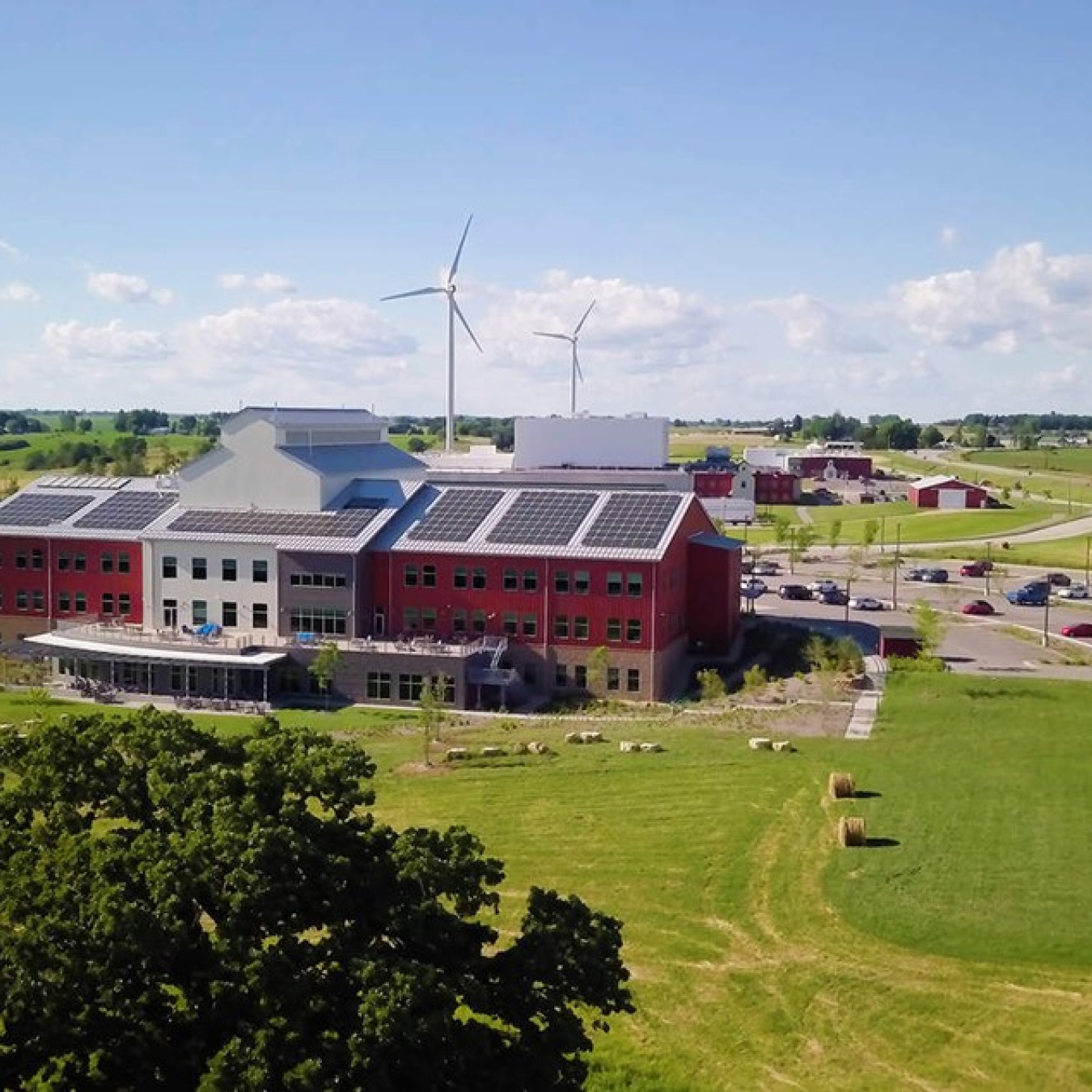 Photo of distributed wind and rooftop solar.  