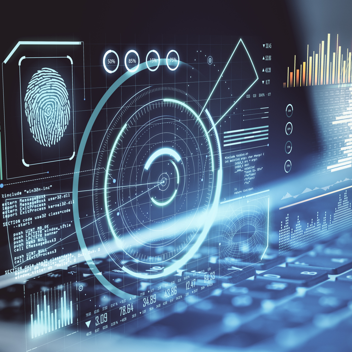 Computer screen of charts and graphs above a keyboard