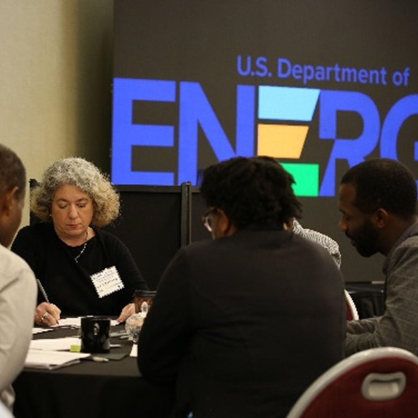 People discussing at a table in front of a DOE logo on a projector screen