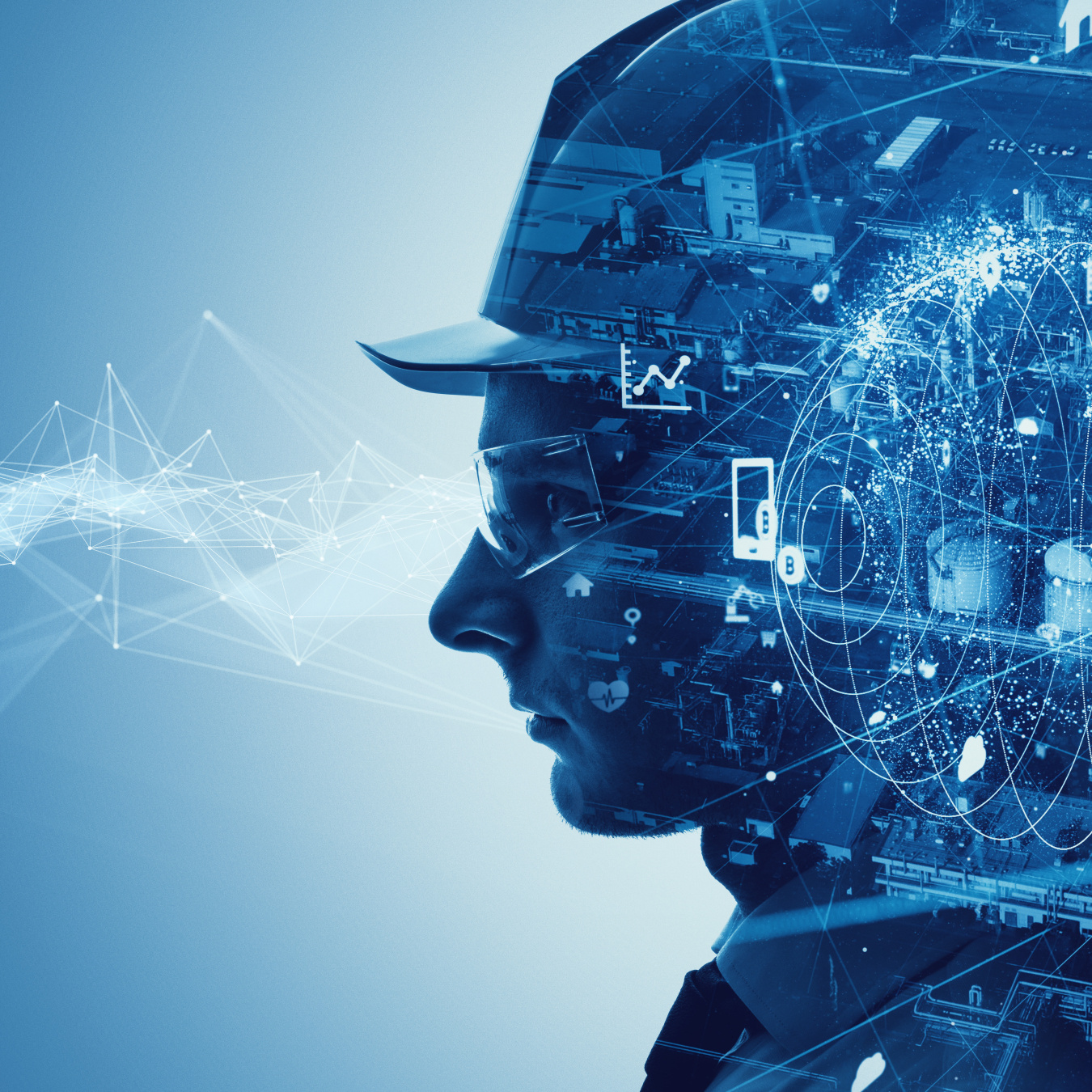 Stylized image of woman in hard hat with manufacturing graphics to the right.