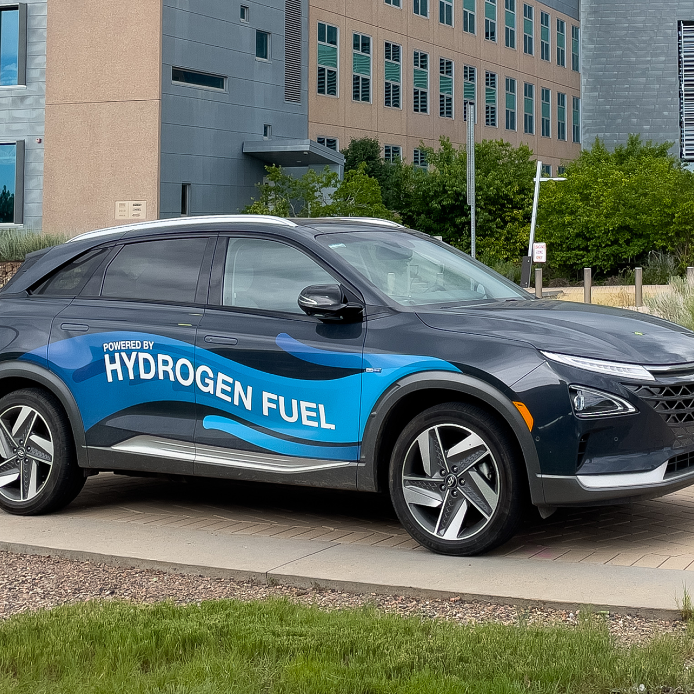 Hyundai hydrogen fuel vehicle on the South Table Mountain Campus (STM) of the National Renewable Energy Laboratory (NREL).