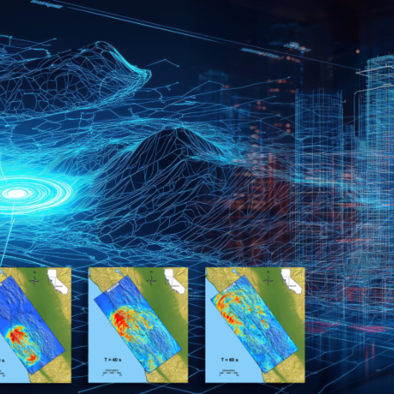 This illustration featuring earthquake simulation data from the San Francisco Bay Area shows how seismic energy is shaped and directed by local geology and how buildings and infrastructure respond to intense ground shaking. Credit: Jason Smith/ORNL, U.S. Dept of Energy.