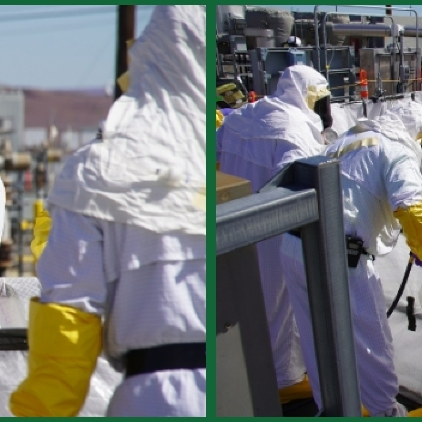 A collage of images of employees in white hazmat suits performing work at the Hanford Site