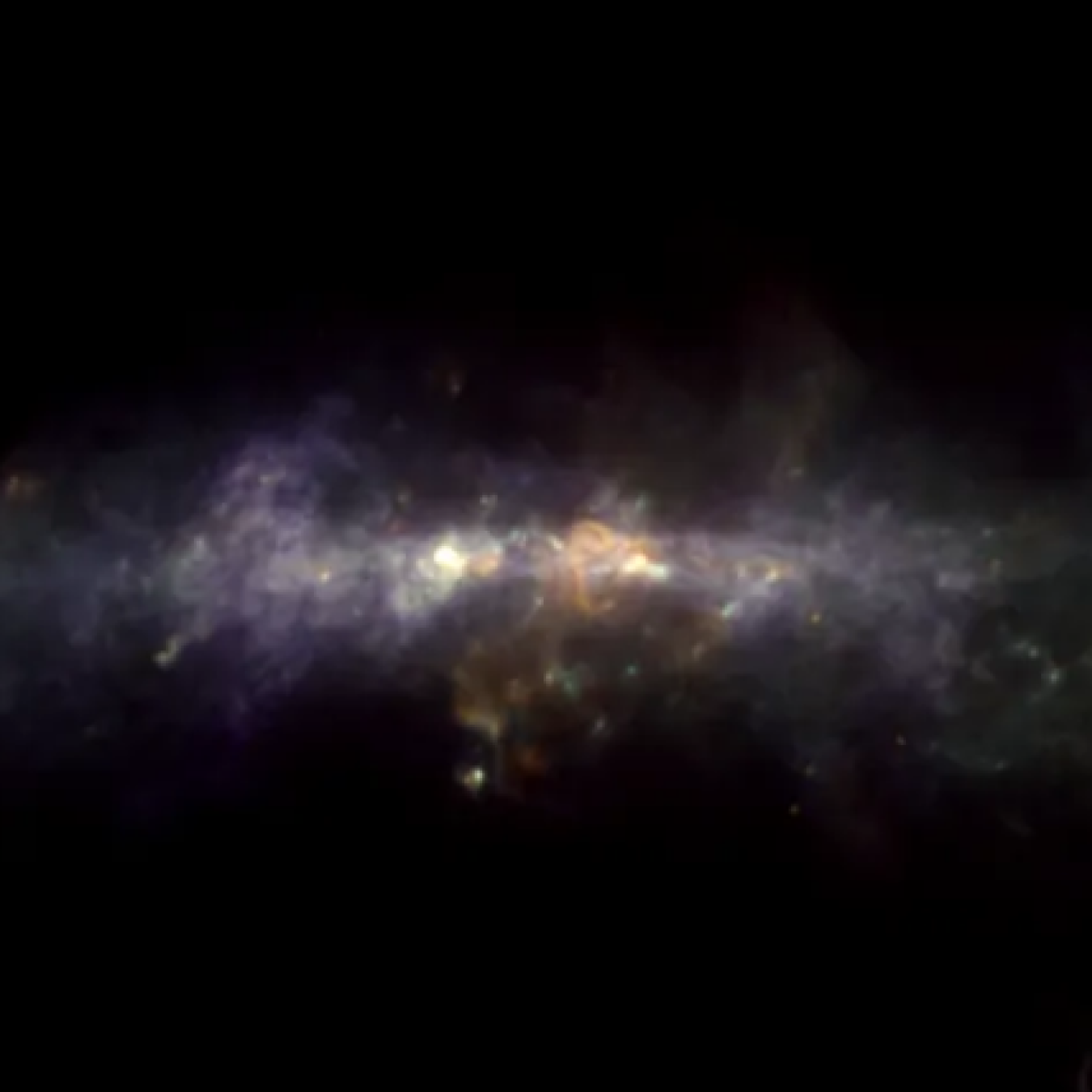 Astrophysical photo showing the Galactic Center with two bright yellow spots near the middle surrounded by softly glowing white gas