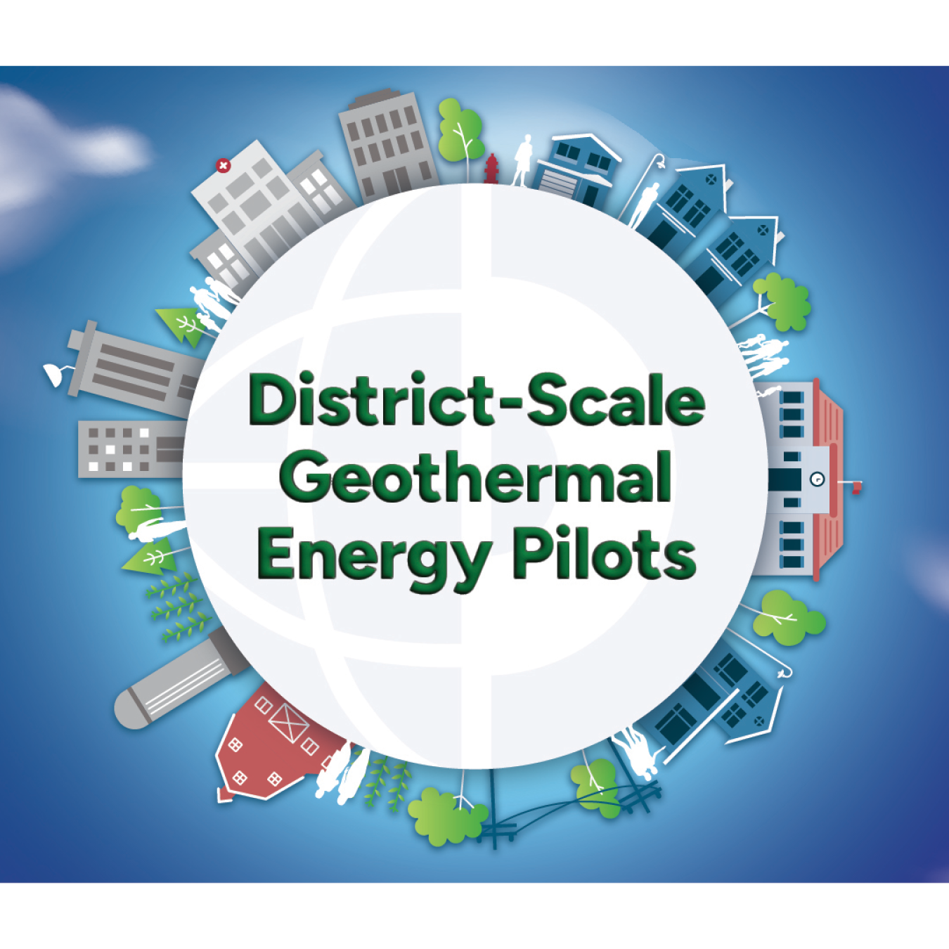 White circle with the words District-Scale Geothermal Energy Pilots on a blue background. Around the edge of the circle are illustrations of normal structures found in communities: homes, farms, trees, apartment buildings, municipal buildings, schools.