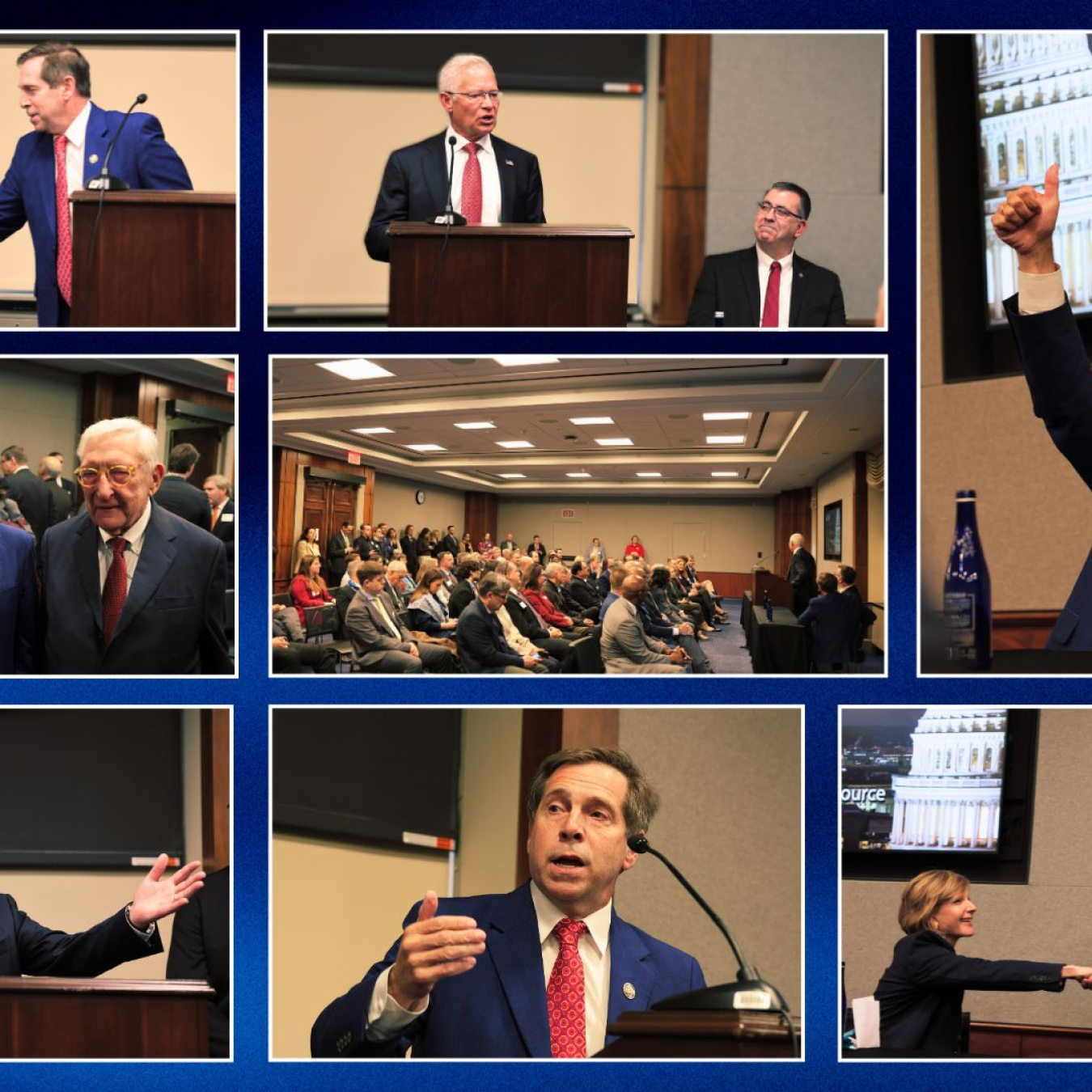 Collage of images of EM leadership and Congressional leaders at a caucus event