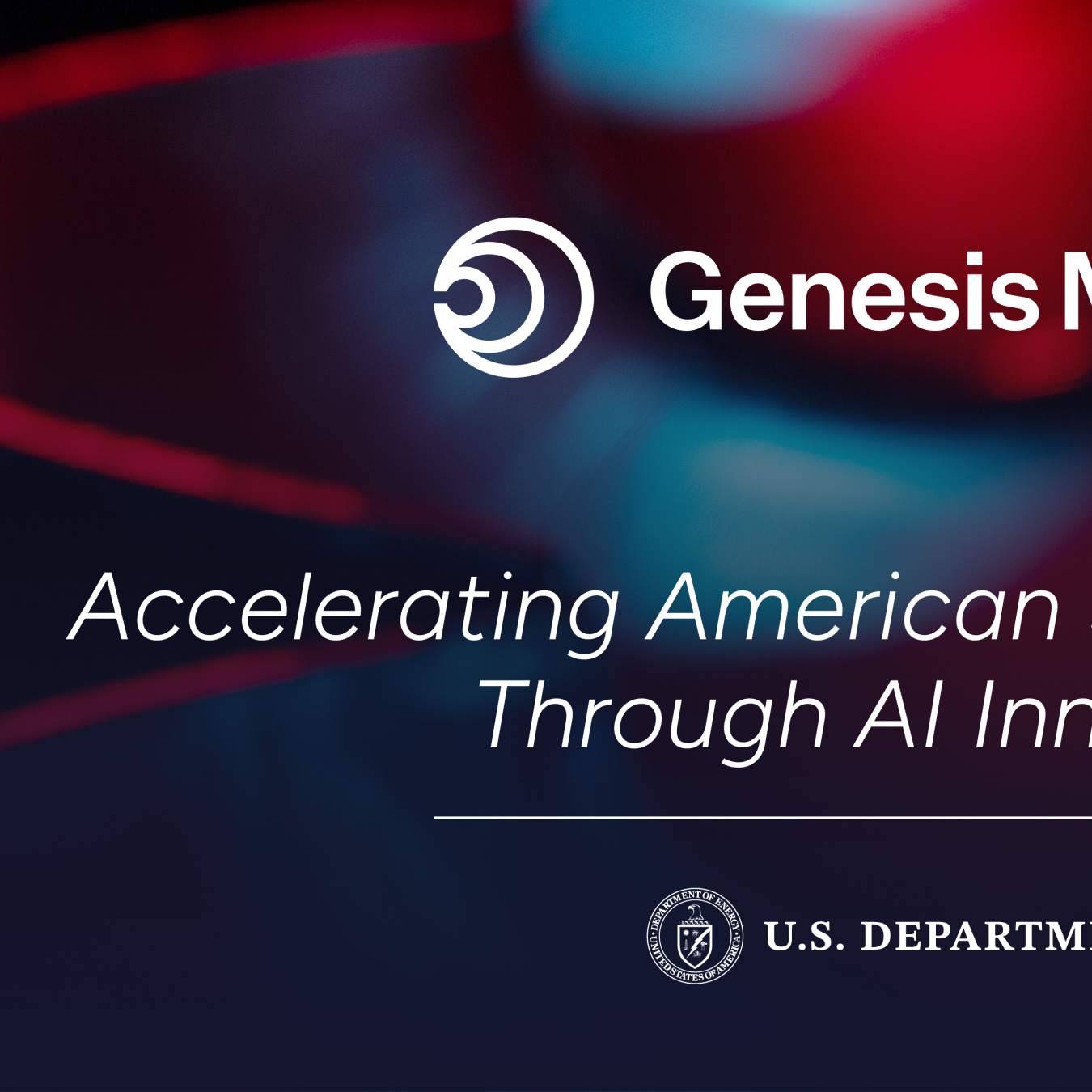 Dark colored background graphic with the DOE logo and DOE Genesis Mission logo