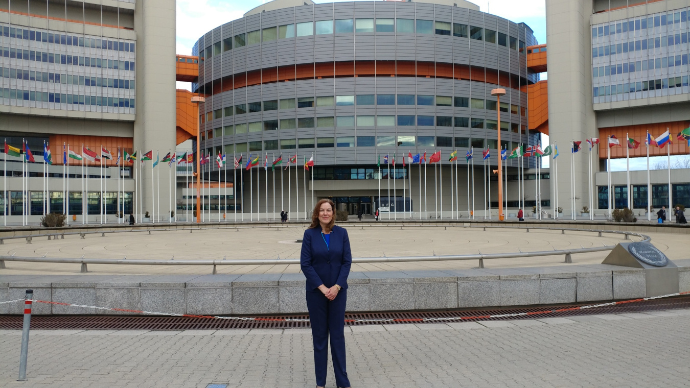 A woman standing in front of the United Nations building in Austria.