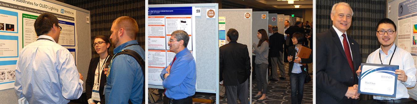 A row of three images showing different views of conference attendees among the displays.