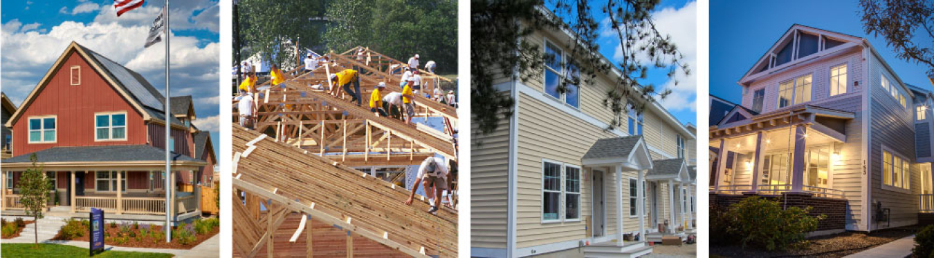 Four small photos side by side showing various houses and their exteriors, one of which is under construction.