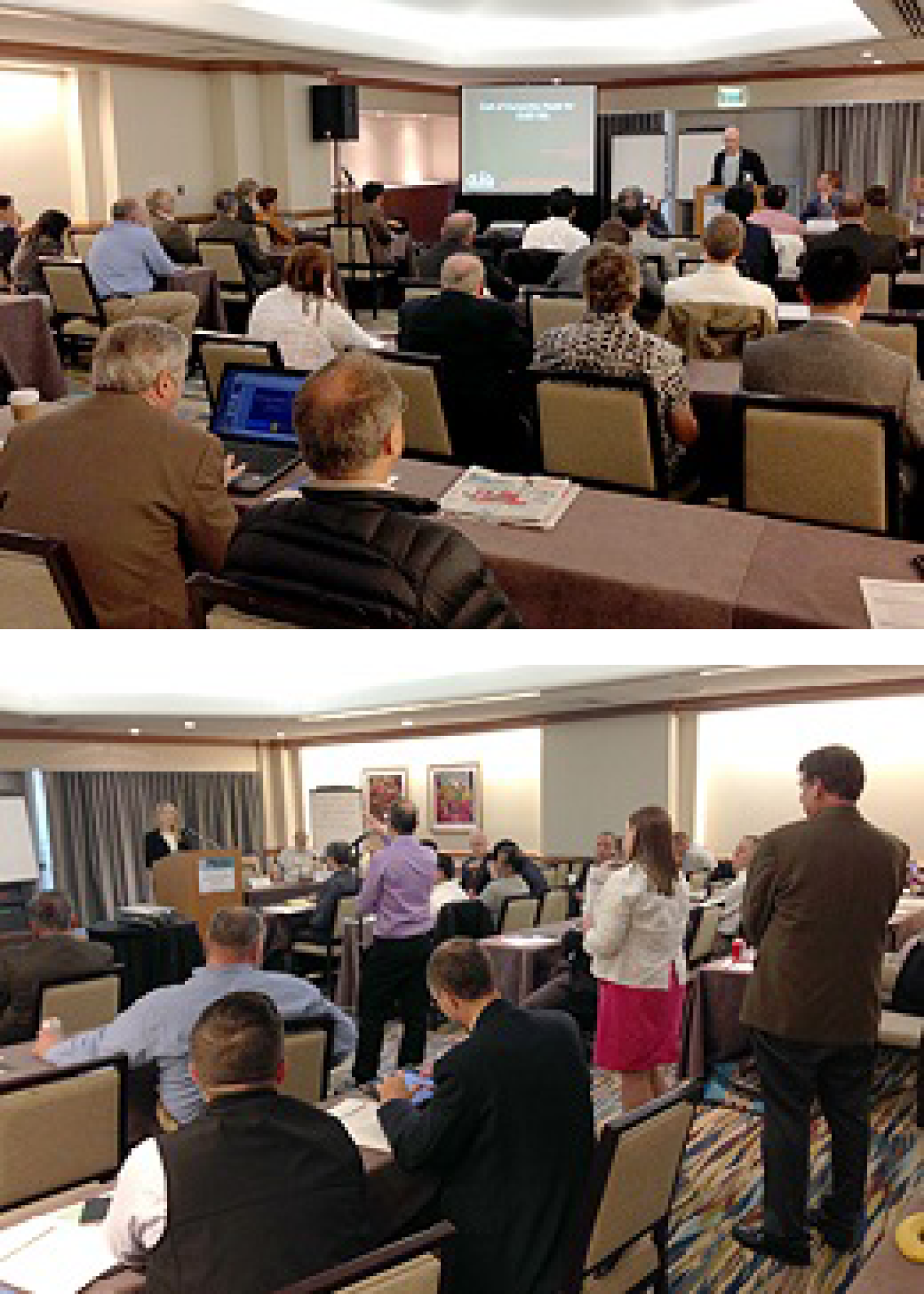 Photo of people seated at rows of tables looking at a speaker at the front of the room. Bottom: Photo of a group of people seated at rows of tables, with three people standing in a line behind a microphone to ask questions.