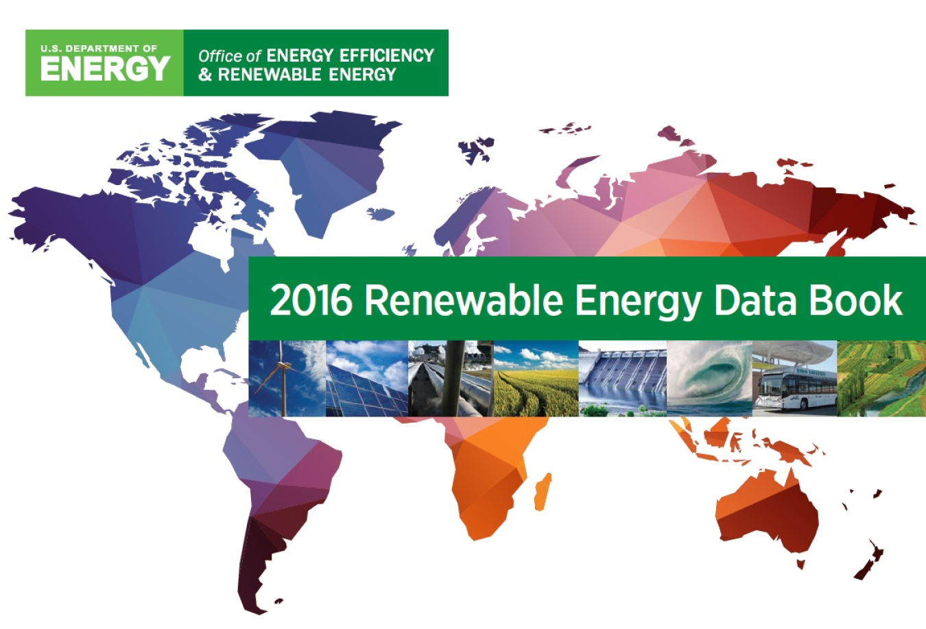 Images of renewable energy technologies (wind turbine, solar panel, hydroelectric dam, a tidal wave, etc.) and a map of the world