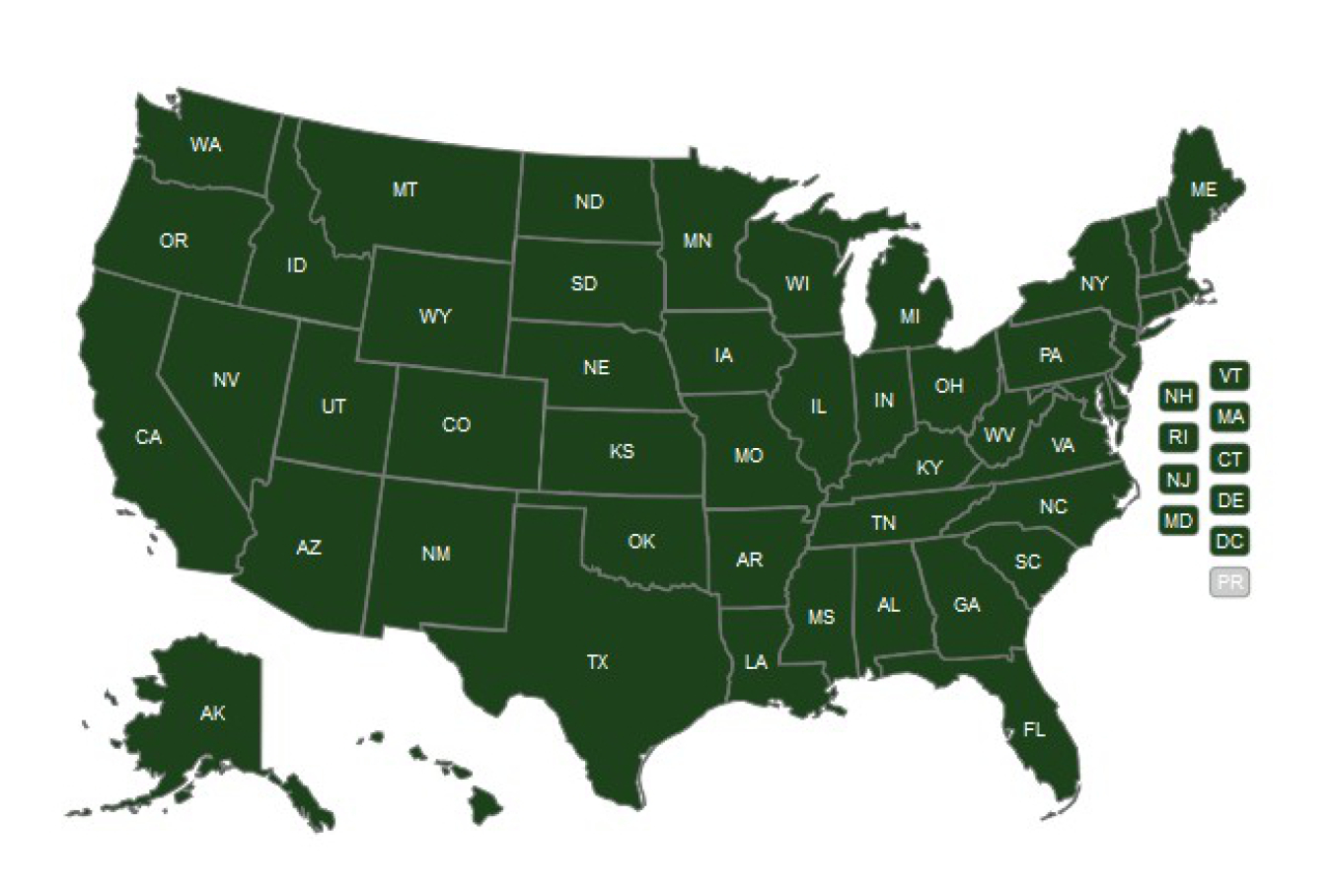 Map of the United States with the state outlines marked.