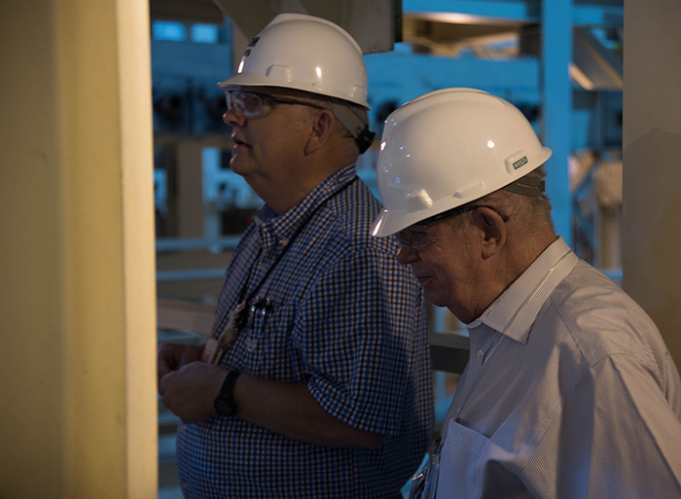 Joseph Gutmann, right, with John Owen, Savannah River Remediation Melter Engineering, during his tour of the Defense Waste Processing Facility site where a new melter will be installed. 