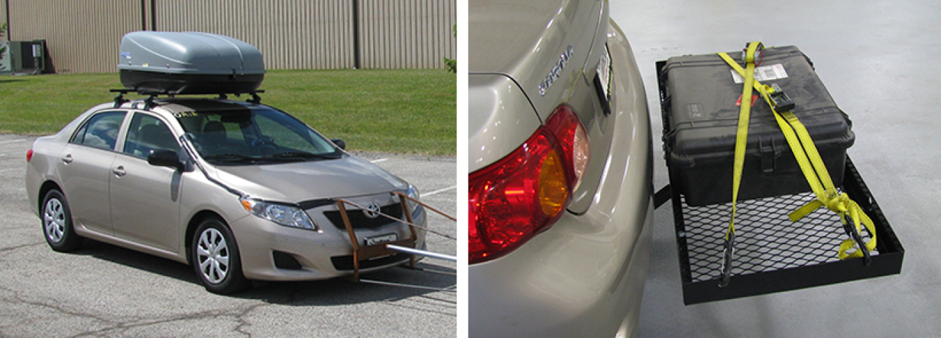 Toyota Corolla with Cargo Box on Top (left) and Cargo Tray on Rear (right)